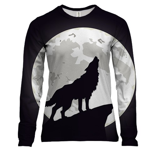 Жіночий 3D лонгслів з чорним вовком виє на місяць