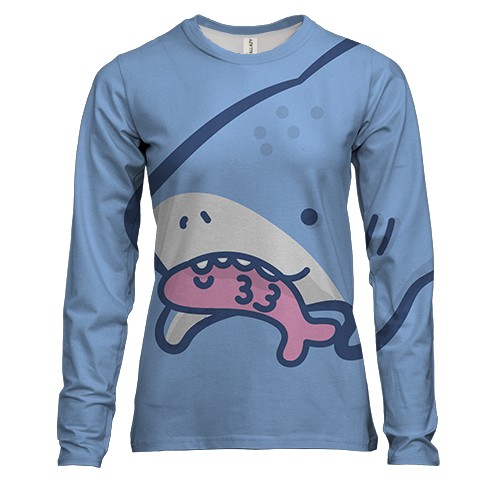 Женский 3D лонгслив с маленькой акулой и рыбой