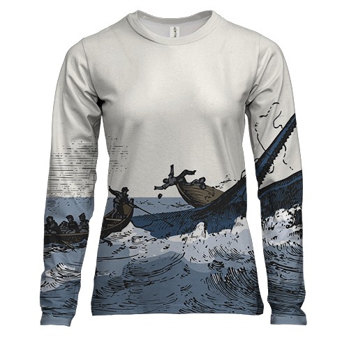 Женский 3D лонгслив с рыбаками и китом
