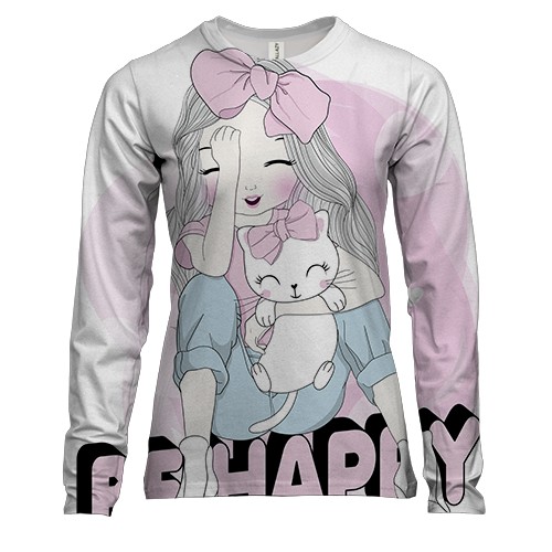 Жіночий 3D лонгслів з дівчинкою з котом Будь щасливим