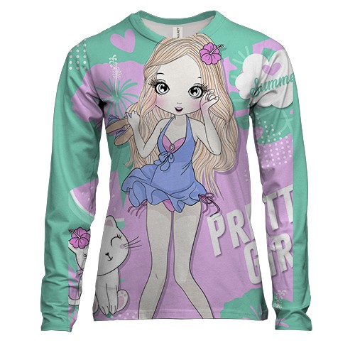 Женский 3D лонгслив с девушкой с котом Pretty girl