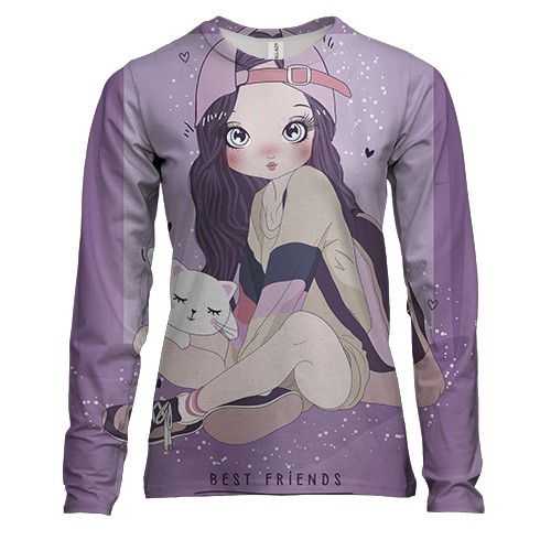Женский 3D лонгслив с девушкой с котом Best friends