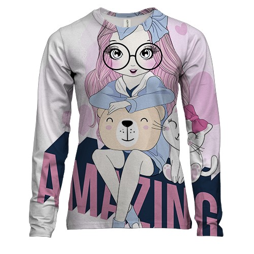 Женский 3D лонгслив с девушкой с котом Amazing