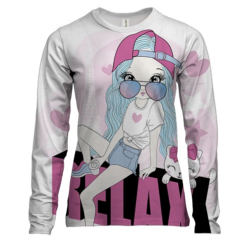 Жіночий 3D лонгслів з дівчиною з котом Relax