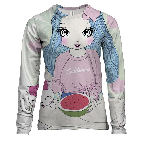 Женский 3D лонгслив с девушкой с котом Summer love