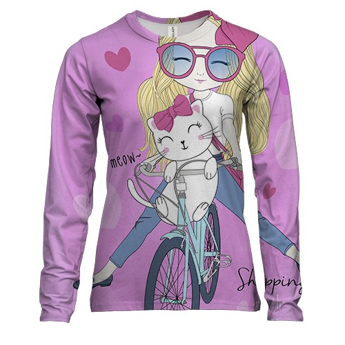 Жіночий 3D лонгслів з дівчиною на велосипеді з котом