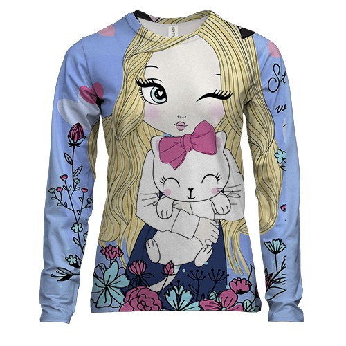 Женский 3D лонгслив с девушкой с котом