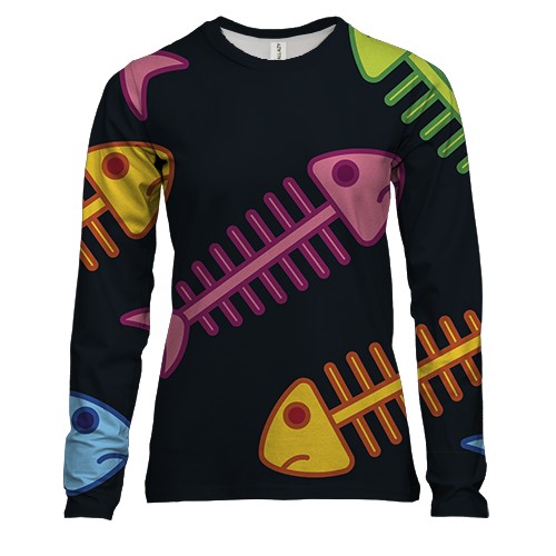 Женский 3D лонгслив с разноцветными скелетами рыб