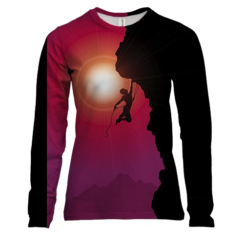Женский 3D лонгслив со скалолазом и закатом