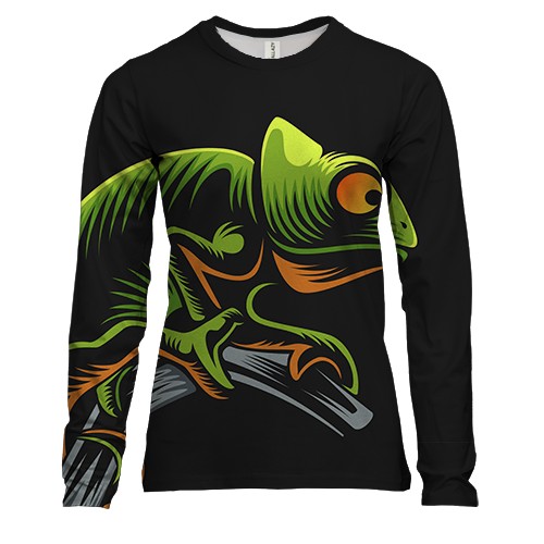Женский 3D лонгслив с зеленым хамелеоном