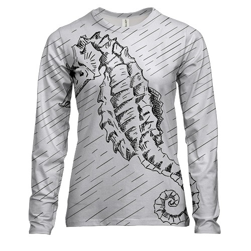 Женский 3D лонгслив с черно белым морским коньком