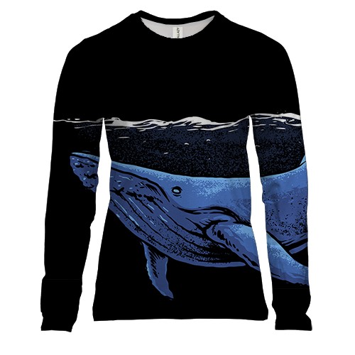 Женский 3D лонгслив с синим китом ночью
