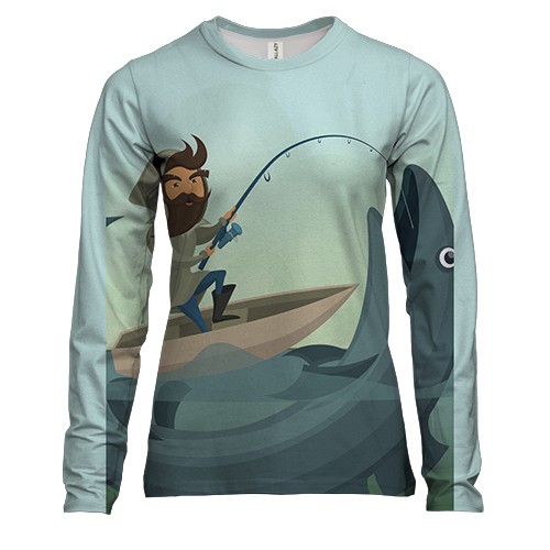 Женский 3D лонгслив с рыбаком и большой рыбой
