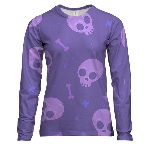 Женский 3D лонгслив с фиолетовыми черепками
