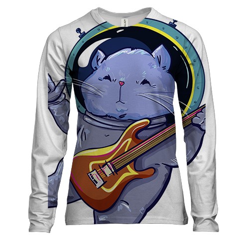 Женский 3D лонгслив с котом астронавтом и гитарой