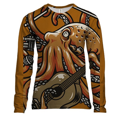 Женский 3D лонгслив с осьминогом и гитарой
