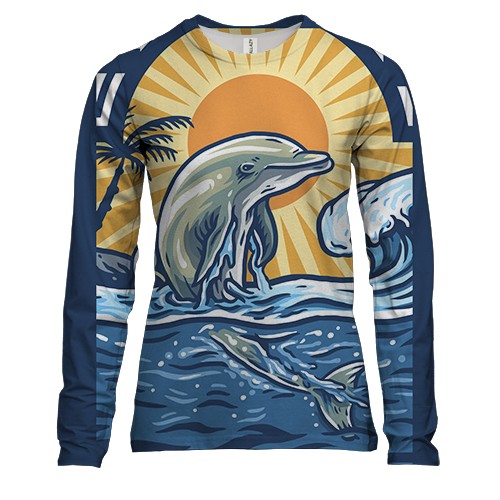 Жіночий 3D лонгслів з дельфіном в океані на заході