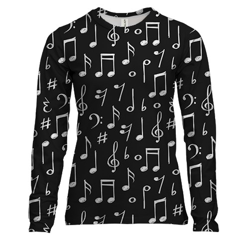 Женский 3D лонгслив с белыми музыкальными нотами