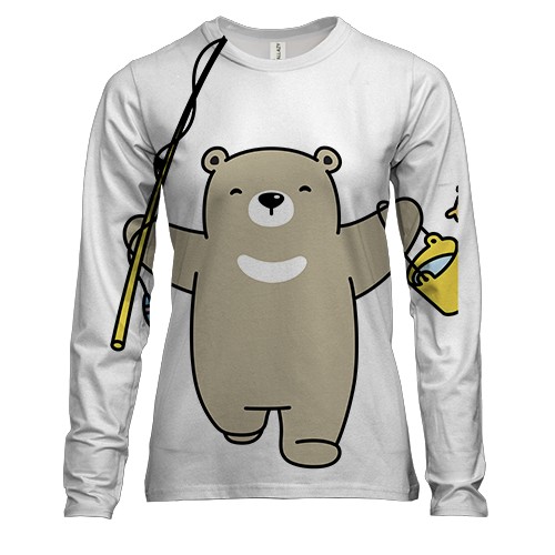 Женский 3D лонгслив с мишкой рыбаком