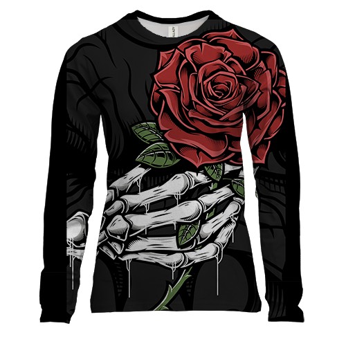 Женский 3D лонгслив со скелетом и розой