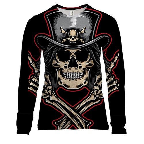 Женский 3D лонгслив с рок скелетом в шляпе