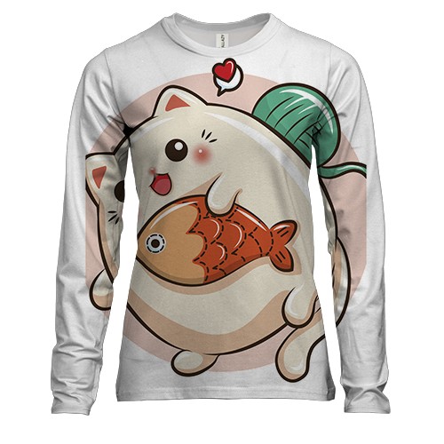 Женский 3D лонгслив с котиком и рыбкой