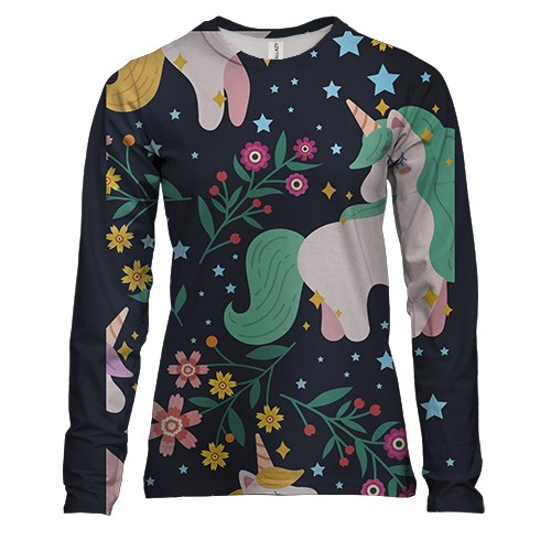Женский 3D лонгслив с единорогами и цветами