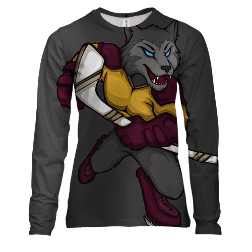 Женский 3D лонгслив с волком хоккеистом