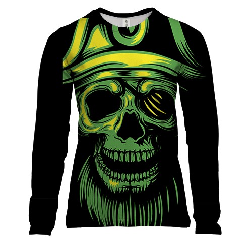 Женский 3D лонгслив с зеленым черепом пиратом