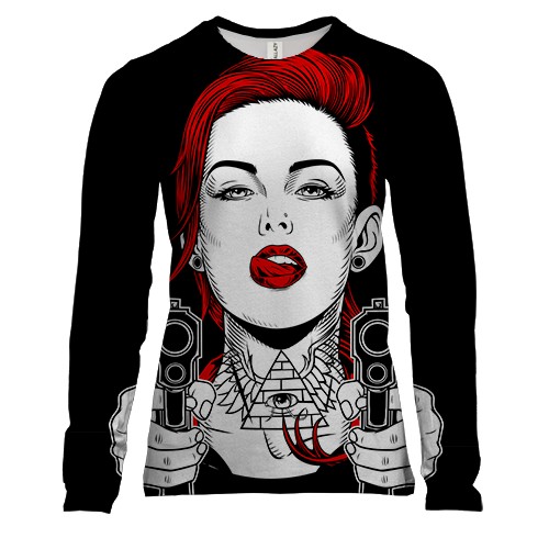 Женский 3D лонгслив с девушкой и пистолетами