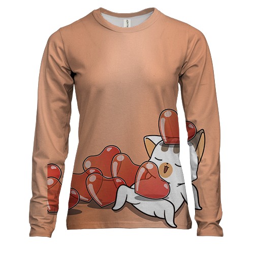 Женский 3D лонгслив с котом в сердечках