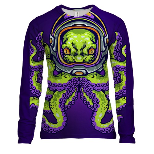 Женский 3D лонгслив с зеленым осьминогом космонавтом