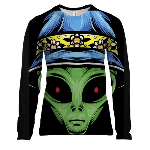 Женский 3D лонгслив с пришельцем в панаме