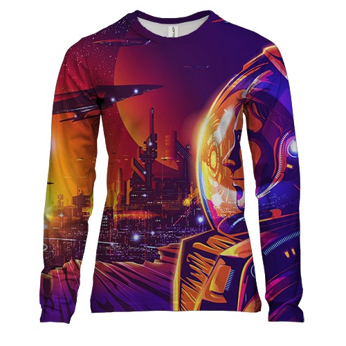Женский 3D лонгслив с космонавтом в городе будущего