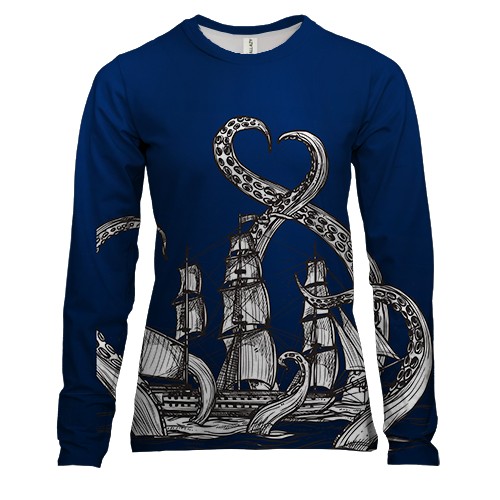 Женский 3D лонгслив с кракеном и кораблем