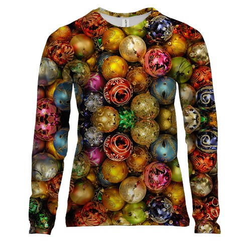 Жіночий 3D лонгслів з різнокольоровими новорічними іграшками