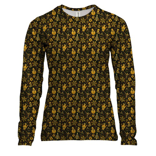 Женский 3D лонгслив с золотистой новогодней атрибутикой