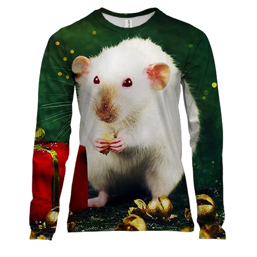 Женский 3D лонгслив с новогодней крысой и подарком 2020
