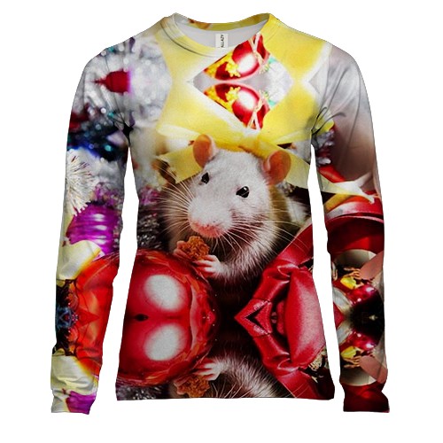 Женский 3D лонгслив с новогодней крысой и подарками 2020