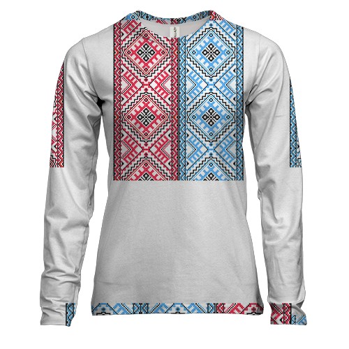 Женский 3D лонгслив с рисунком в виде красно-синей вышиванки