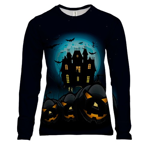 Женский 3D лонгслив Темный замок с тыквами