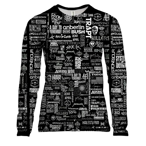 Женский 3D лонгслив с музыкальными группами (чб)