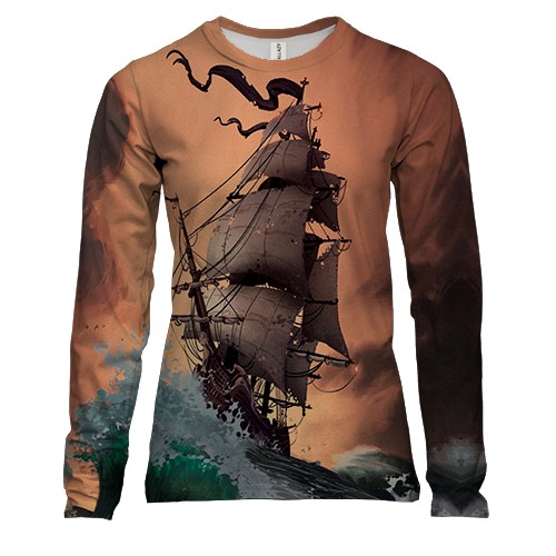 Женский 3D лонгслив с кораблем в шторме