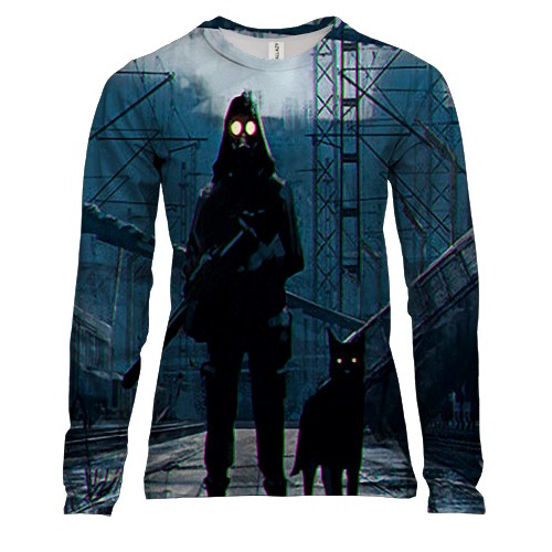 Женский 3D лонгслив со сталкером и собакой на заброшенном вокзал