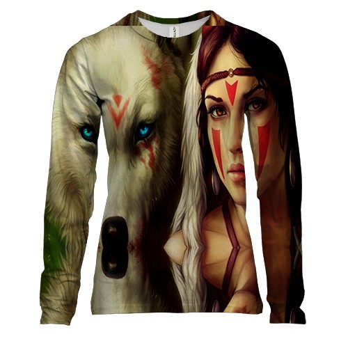 Женский 3D лонгслив с девушкой и белым волком в лесу