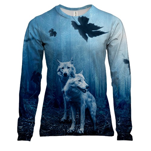 Женский 3D лонгслив с белыми волками в лесу