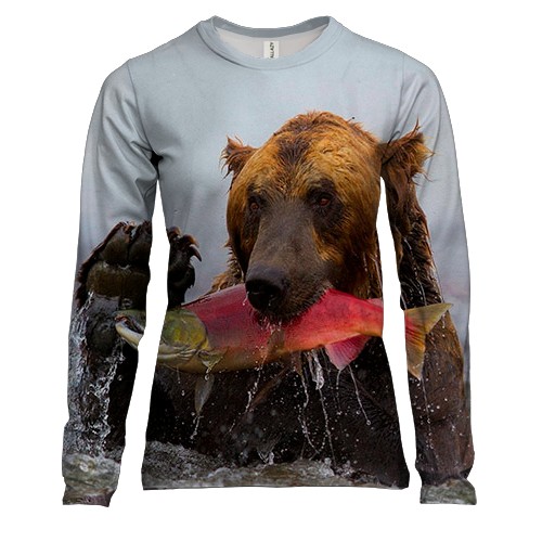 Женский 3D лонгслив с медведем и рыбой