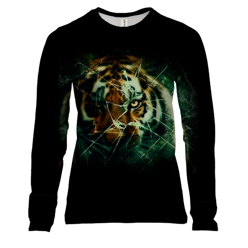 Женский 3D лонгслив Тигр за разбитым стеклом