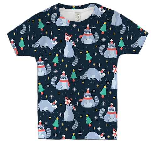 Детская 3D футболка Новогодний паттерн. Еноты