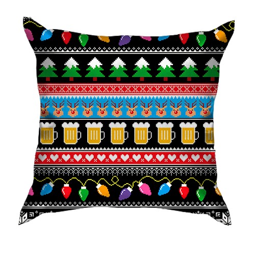 3D подушка Новорічний візерунок з пивом та оленями